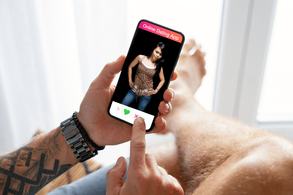 Foreign man using online Filipino dating app on his mobile phone